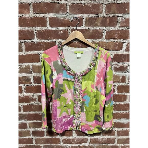 Sigrid Olsen Womens Green Long Sleeve Floral Cardigan Size Large - Picture 1 of 4